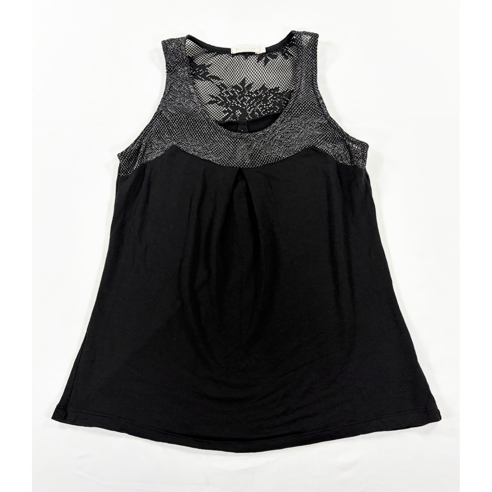 Vintage Faquette Y2K Black Silver Lace Mesh Yoke Tank Top Whimsigoth‎ Womens S
